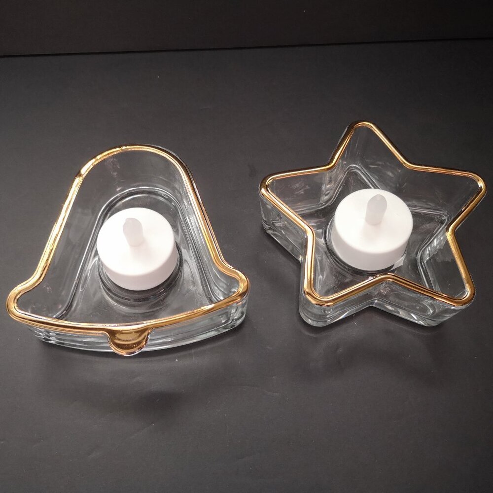 Glass Christmas Votive Tea Light Holders w/ Gold Tone Trim Bell & Star